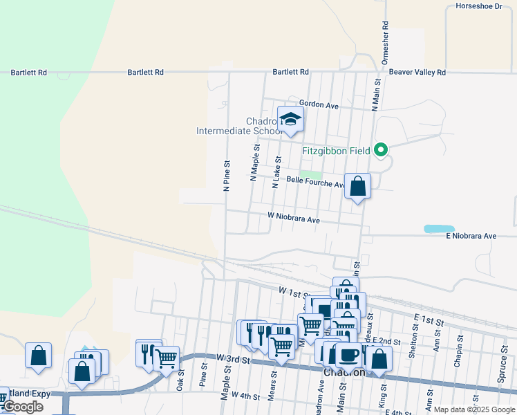 map of restaurants, bars, coffee shops, grocery stores, and more near 201-227 North Maple Street in Chadron