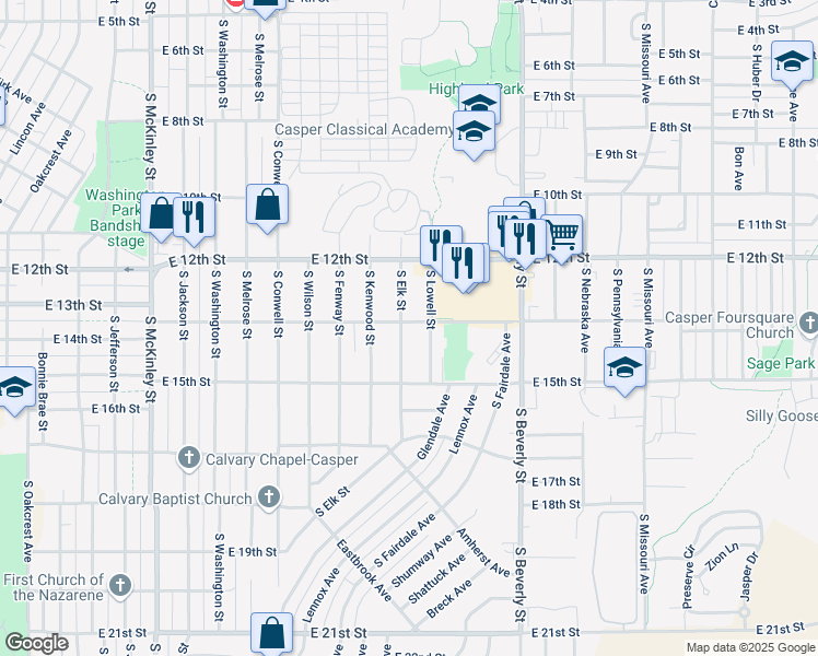 map of restaurants, bars, coffee shops, grocery stores, and more near 1320 South Lowell Street in Casper