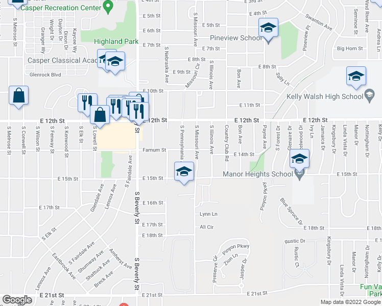 map of restaurants, bars, coffee shops, grocery stores, and more near 2537 Farnum Street in Casper