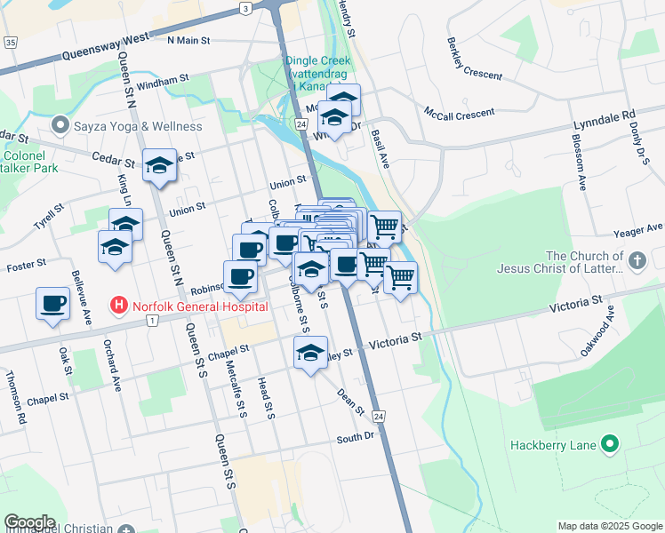 map of restaurants, bars, coffee shops, grocery stores, and more near in Simcoe