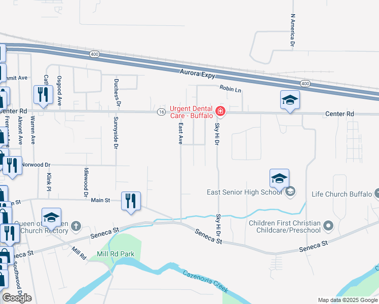 map of restaurants, bars, coffee shops, grocery stores, and more near 159 East Avenue in Buffalo