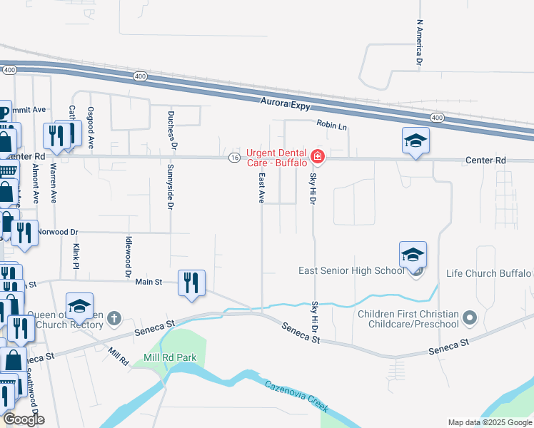 map of restaurants, bars, coffee shops, grocery stores, and more near 159 East Avenue in Buffalo