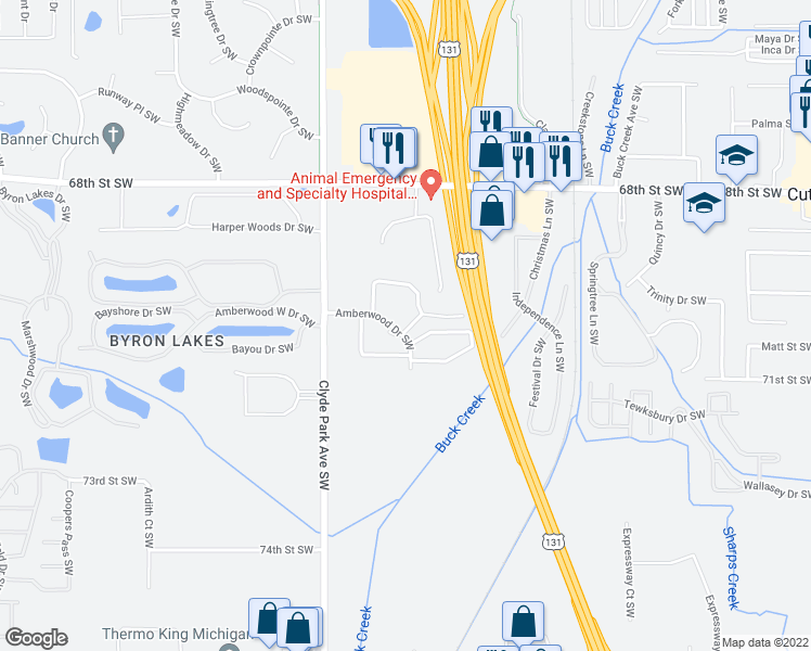 map of restaurants, bars, coffee shops, grocery stores, and more near 661 Amberwood Drive Southwest in Byron Center