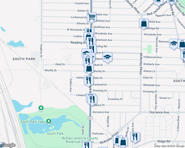 map of restaurants, bars, coffee shops, grocery stores, and more near 2268 South Park Avenue in Buffalo