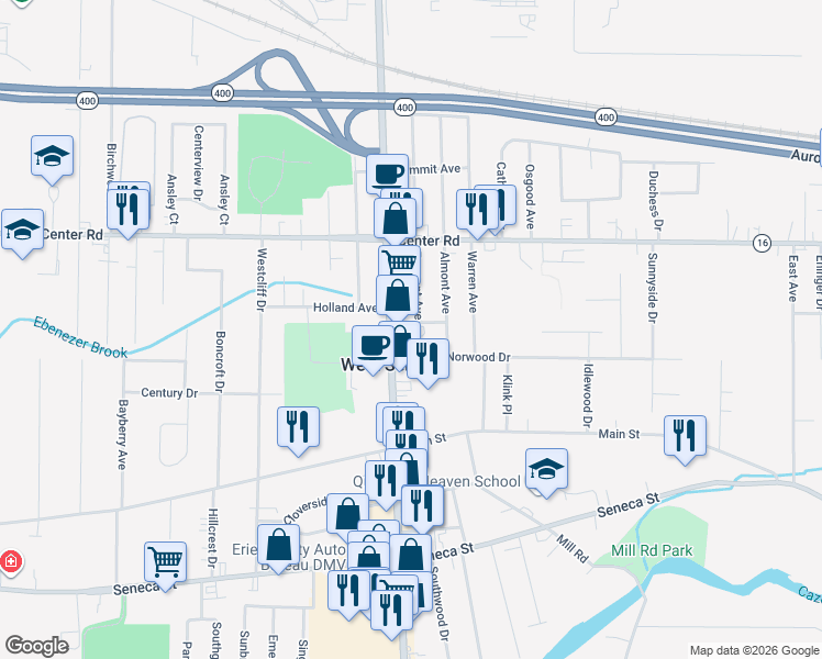 map of restaurants, bars, coffee shops, grocery stores, and more near 1353 Union Road in West Seneca