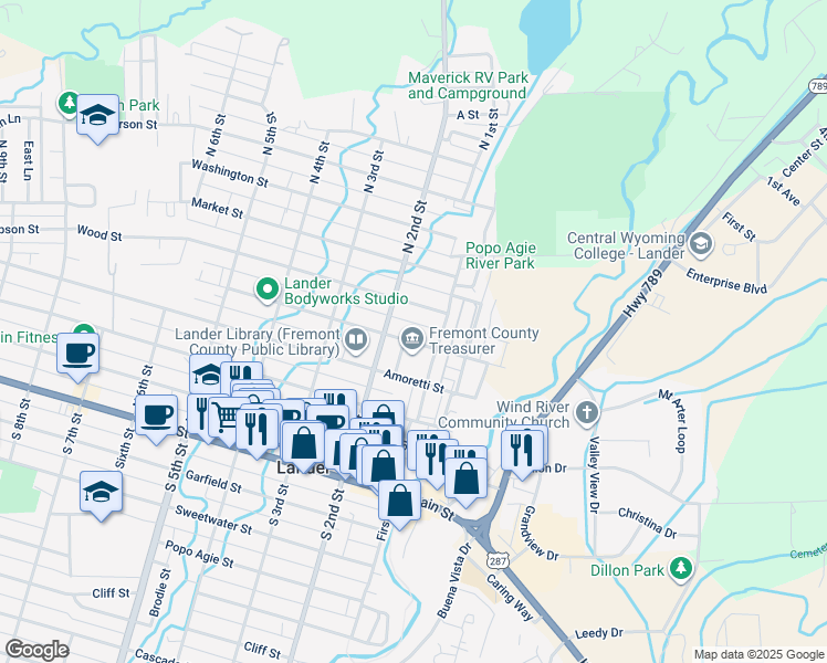 map of restaurants, bars, coffee shops, grocery stores, and more near 130 Eugene Street in Lander