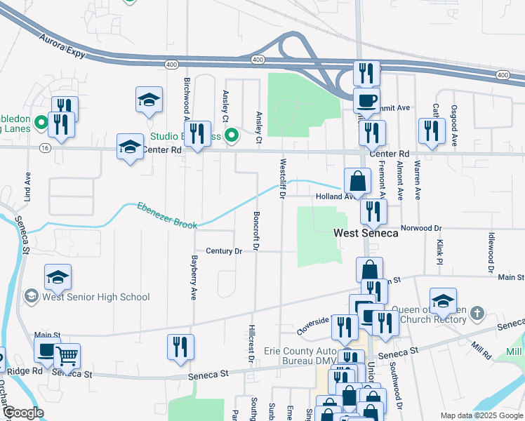 map of restaurants, bars, coffee shops, grocery stores, and more near 165 Boncroft Drive in Buffalo