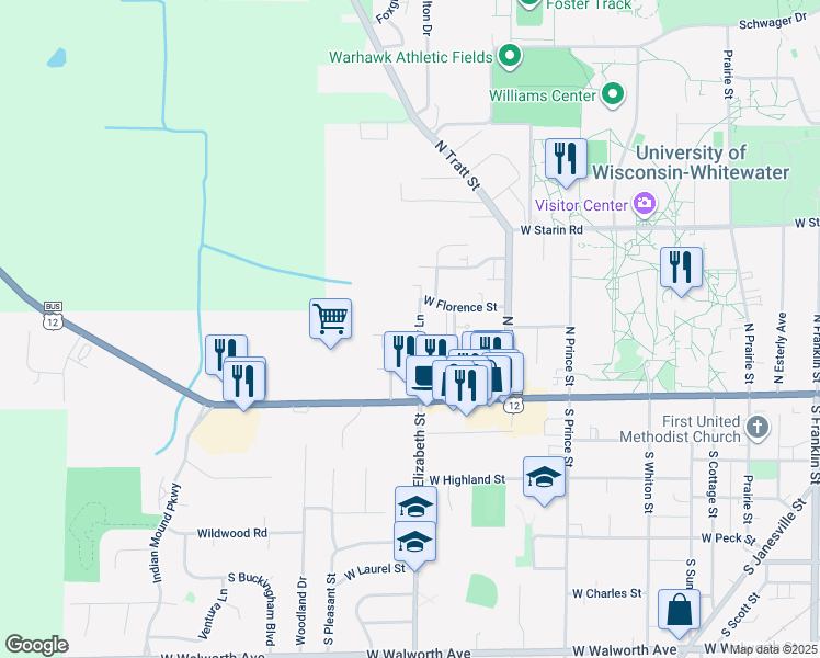 map of restaurants, bars, coffee shops, grocery stores, and more near 1212 West Yoder Lane in Whitewater