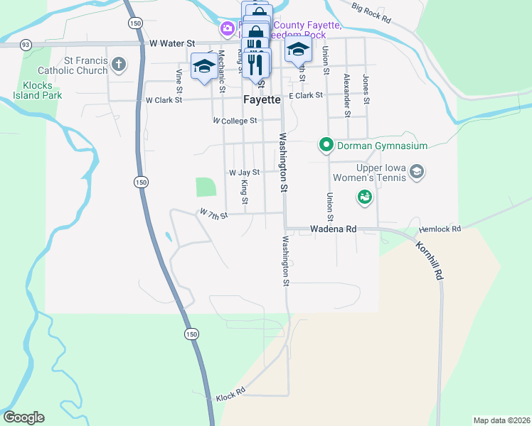 map of restaurants, bars, coffee shops, grocery stores, and more near 101-199 East 7th Street in Fayette
