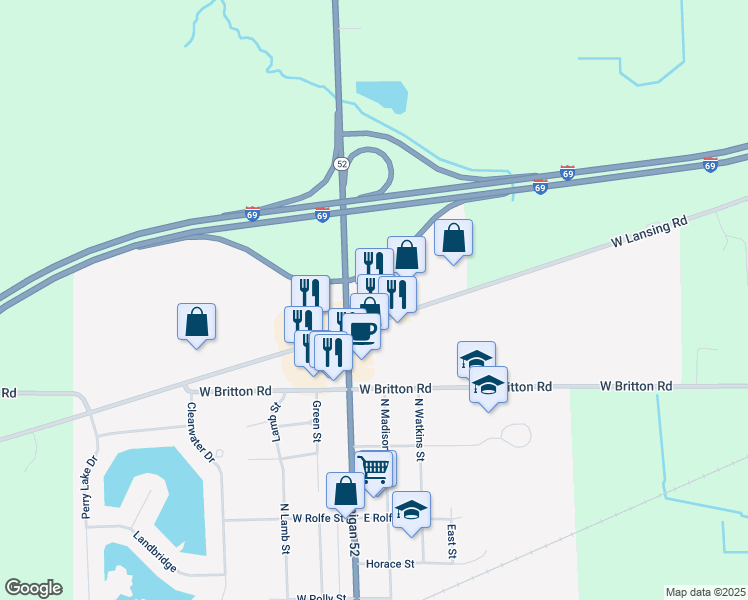 map of restaurants, bars, coffee shops, grocery stores, and more near 3034 West Lansing Road in Perry