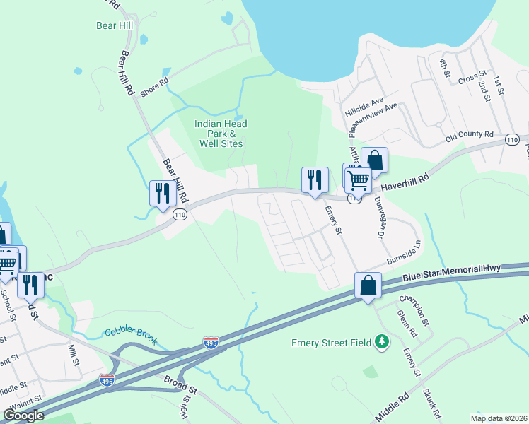 map of restaurants, bars, coffee shops, grocery stores, and more near 19 2nd Avenue in Merrimac