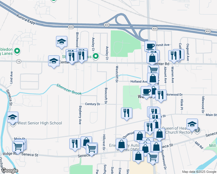 map of restaurants, bars, coffee shops, grocery stores, and more near 165 Boncroft Drive in Buffalo