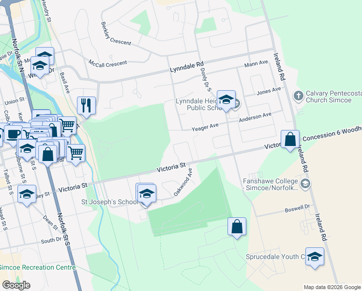 map of restaurants, bars, coffee shops, grocery stores, and more near 175 Victoria Street in Simcoe