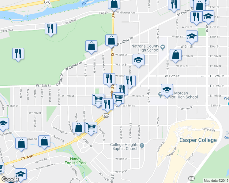 map of restaurants, bars, coffee shops, grocery stores, and more near 1329 South Poplar Street in Casper