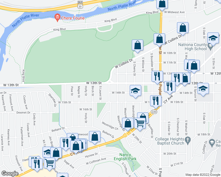 map of restaurants, bars, coffee shops, grocery stores, and more near 1327 South Cypress Street in Casper