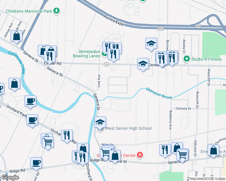 map of restaurants, bars, coffee shops, grocery stores, and more near 36 Smallwood Dr in West Seneca