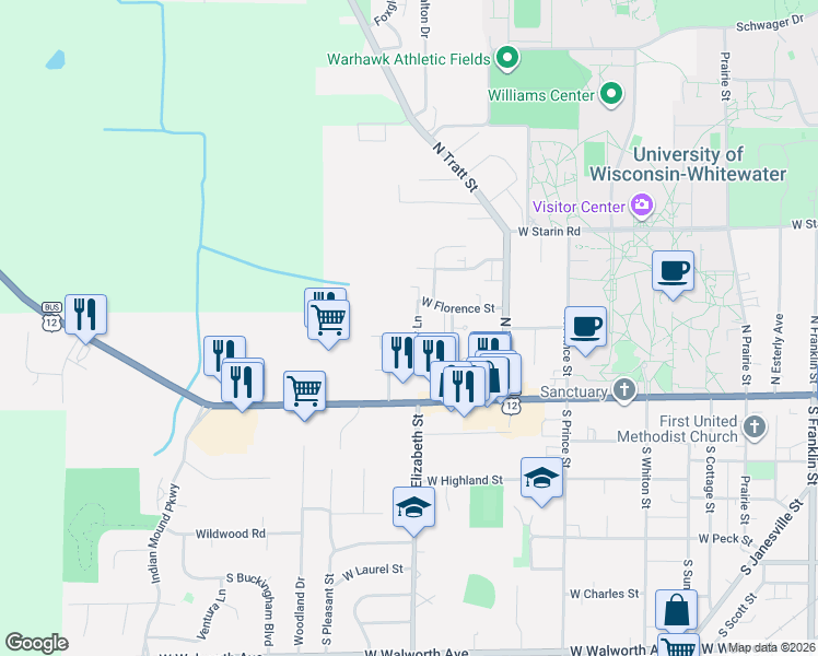 map of restaurants, bars, coffee shops, grocery stores, and more near 170 Hyer Lane in Whitewater