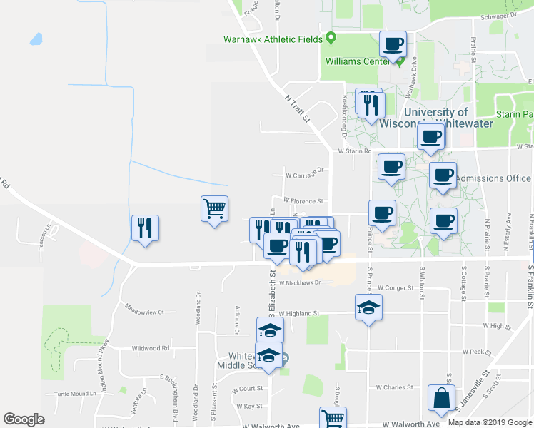 map of restaurants, bars, coffee shops, grocery stores, and more near 170 Hyer Lane in Whitewater
