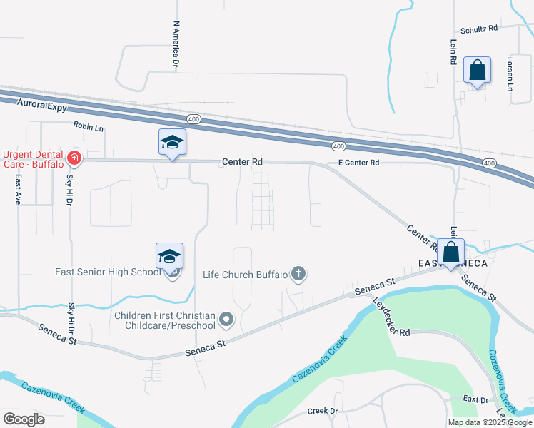map of restaurants, bars, coffee shops, grocery stores, and more near 79 Oakridge Drive in West Seneca