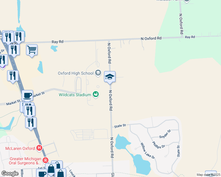 map of restaurants, bars, coffee shops, grocery stores, and more near 405 North Oxford Road in Oxford