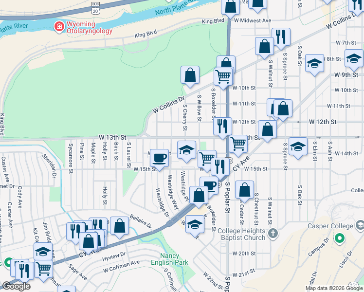 map of restaurants, bars, coffee shops, grocery stores, and more near 1326 South Cherry Street in Casper