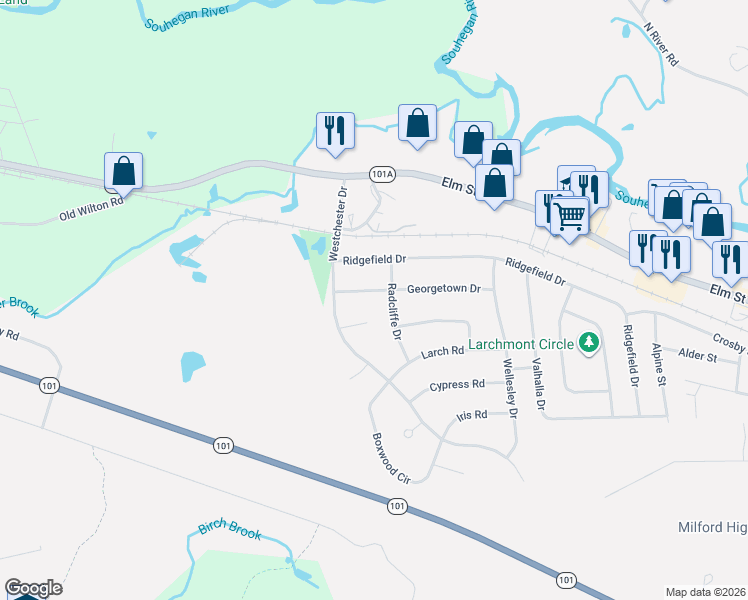 map of restaurants, bars, coffee shops, grocery stores, and more near 21 Georgetown Drive in Milford