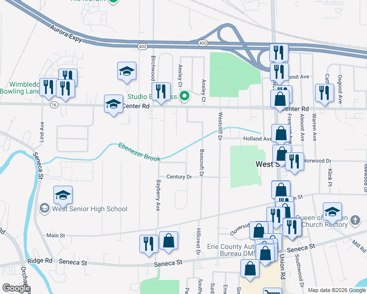 map of restaurants, bars, coffee shops, grocery stores, and more near 86 Milton Avenue in Buffalo