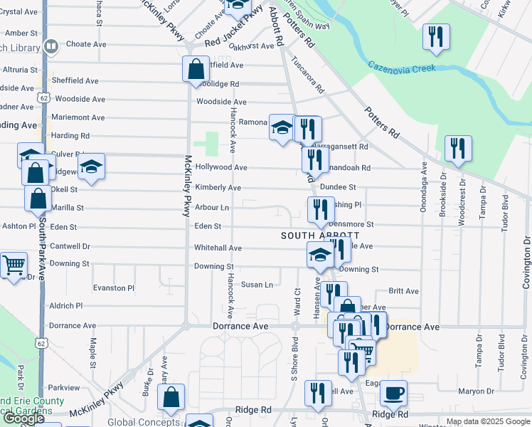 map of restaurants, bars, coffee shops, grocery stores, and more near 139 Arbour Lane in Buffalo