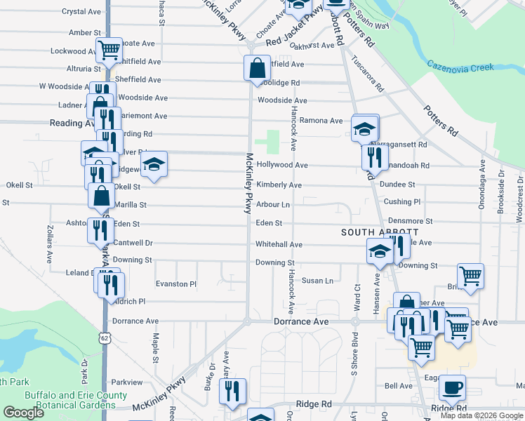 map of restaurants, bars, coffee shops, grocery stores, and more near 15 Arbour Lane in Buffalo