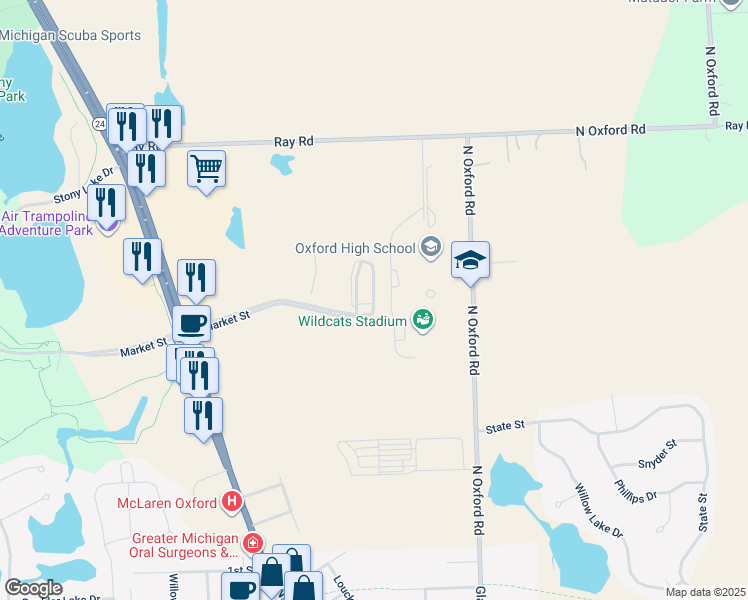 map of restaurants, bars, coffee shops, grocery stores, and more near 405-425 North Oxford Road in Oakland County