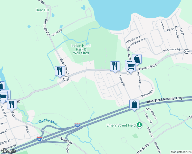 map of restaurants, bars, coffee shops, grocery stores, and more near 19 2nd Avenue in Merrimac