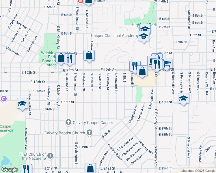 map of restaurants, bars, coffee shops, grocery stores, and more near 1301 South Fenway Street in Casper