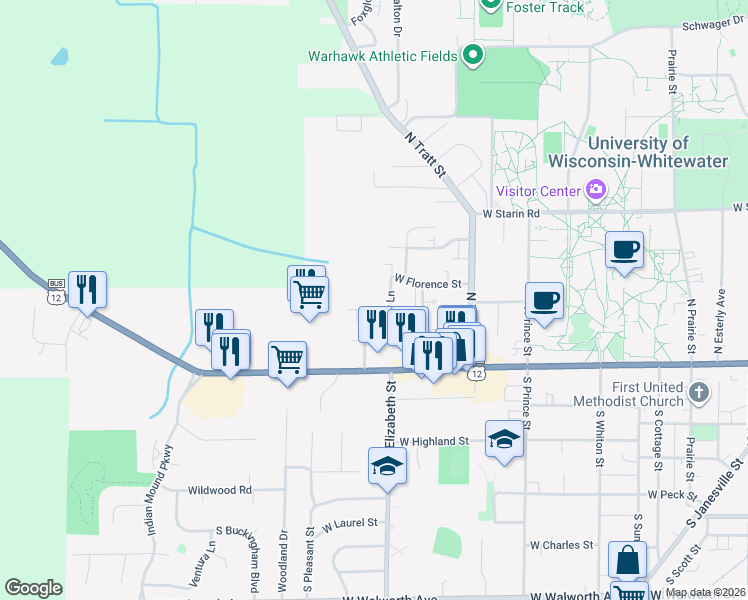 map of restaurants, bars, coffee shops, grocery stores, and more near 1212 W Yoder Ln in Whitewater