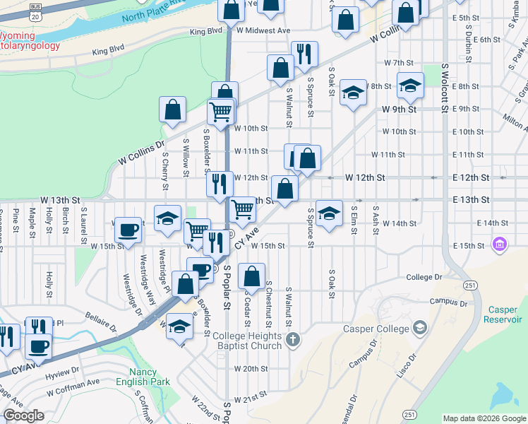 map of restaurants, bars, coffee shops, grocery stores, and more near 770 CY Avenue in Casper