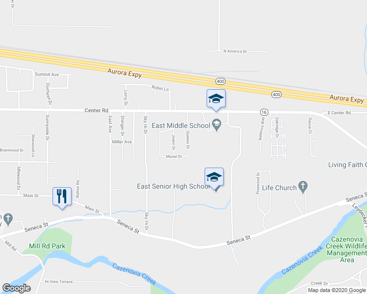 map of restaurants, bars, coffee shops, grocery stores, and more near 26 Queens Drive in West Seneca