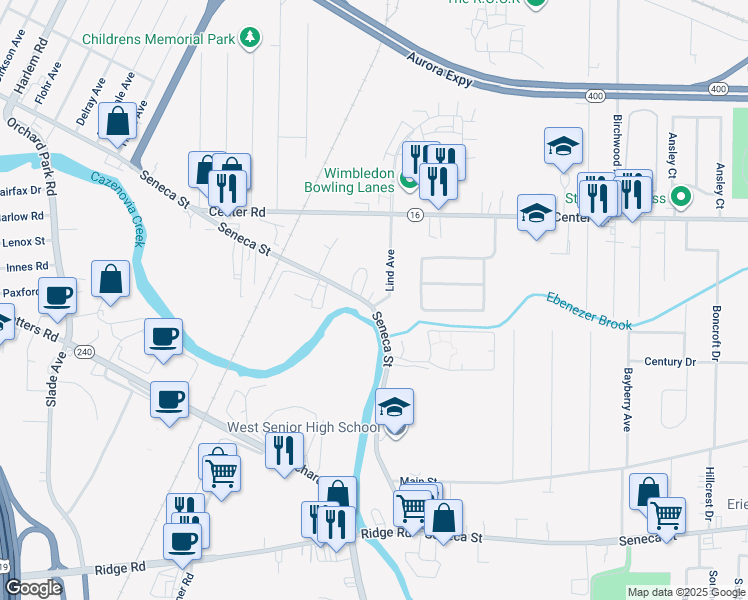 map of restaurants, bars, coffee shops, grocery stores, and more near 3220 Seneca Street in West Seneca