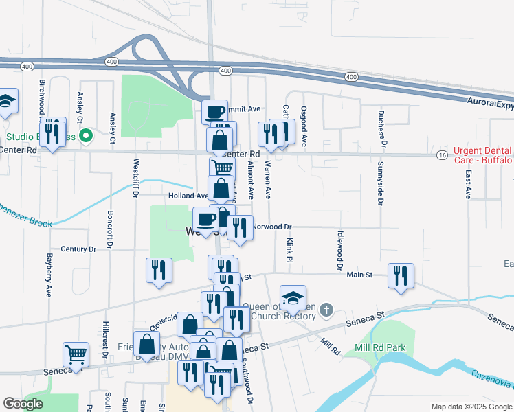 map of restaurants, bars, coffee shops, grocery stores, and more near 27 Almont Avenue in Buffalo