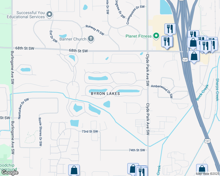 map of restaurants, bars, coffee shops, grocery stores, and more near 1036 Bayshore Drive Southwest in Byron Center