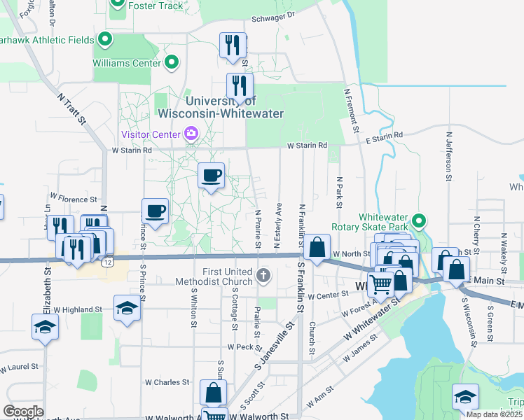 map of restaurants, bars, coffee shops, grocery stores, and more near 171 North Prairie Street in Whitewater