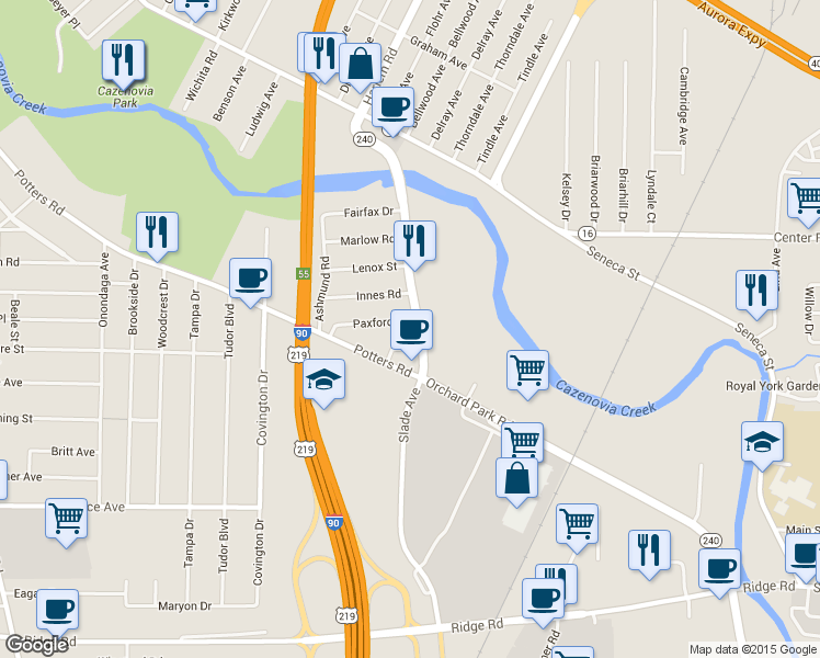 map of restaurants, bars, coffee shops, grocery stores, and more near 231 Orchard Park Road in Buffalo