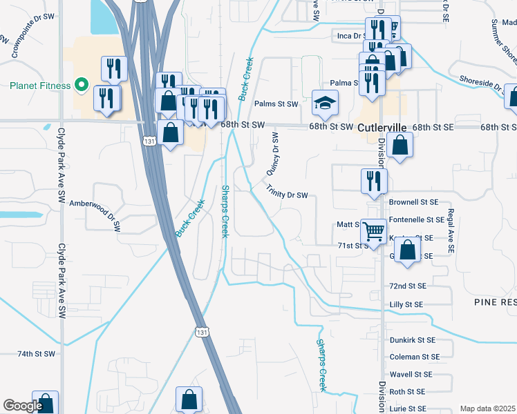 map of restaurants, bars, coffee shops, grocery stores, and more near 7003 East Springtree Lane Southwest in Grand Rapids