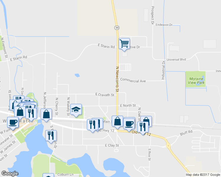 map of restaurants, bars, coffee shops, grocery stores, and more near 324 North Newcomb Street in Whitewater