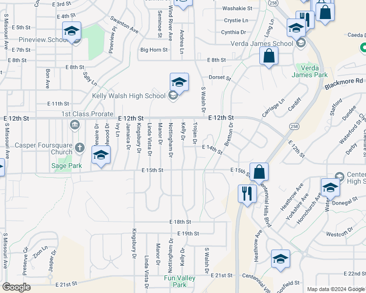 map of restaurants, bars, coffee shops, grocery stores, and more near 3700 East 14th Street in Casper