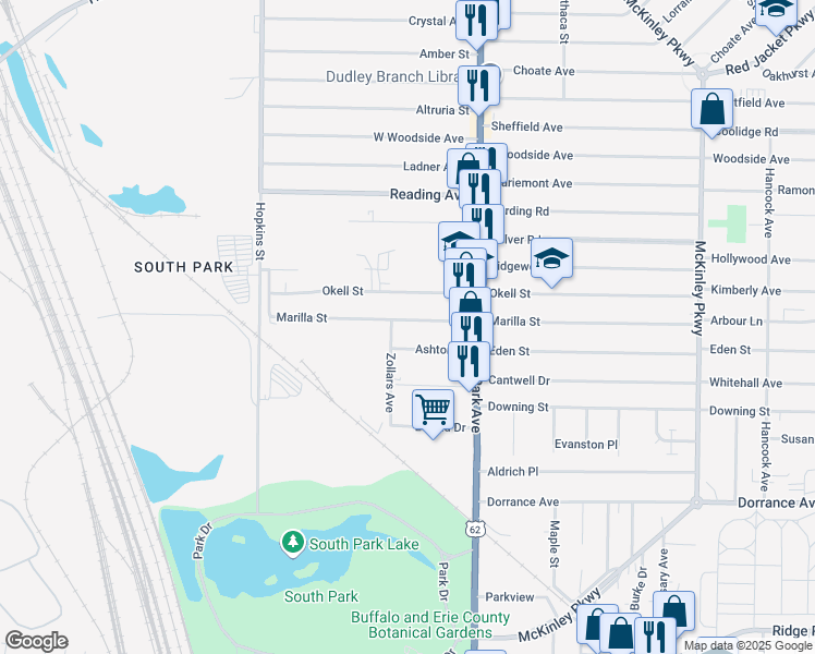 map of restaurants, bars, coffee shops, grocery stores, and more near 367 Marilla Street in Buffalo