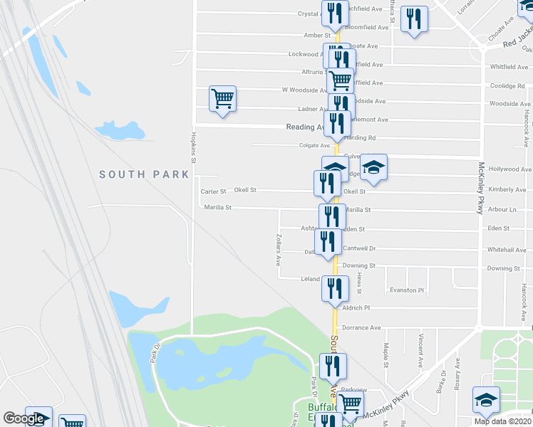 map of restaurants, bars, coffee shops, grocery stores, and more near 325 Marilla Street in Buffalo