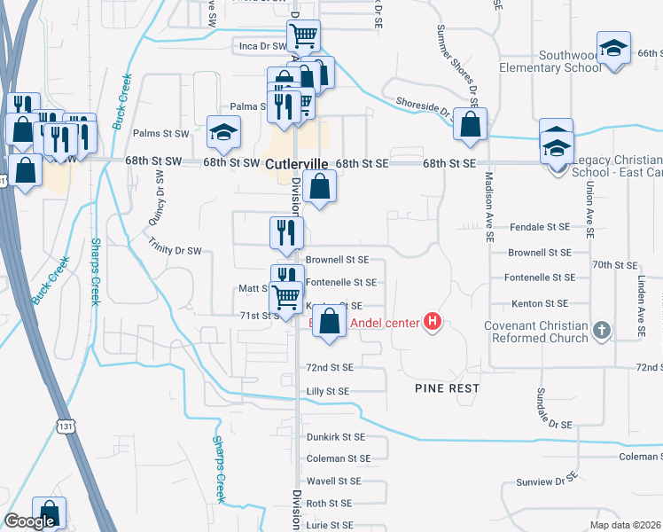 map of restaurants, bars, coffee shops, grocery stores, and more near 64 Brownell Street Southeast in Grand Rapids