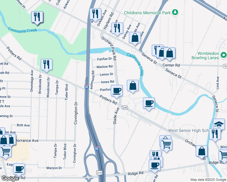 map of restaurants, bars, coffee shops, grocery stores, and more near 231 Orchard Park Road in Buffalo