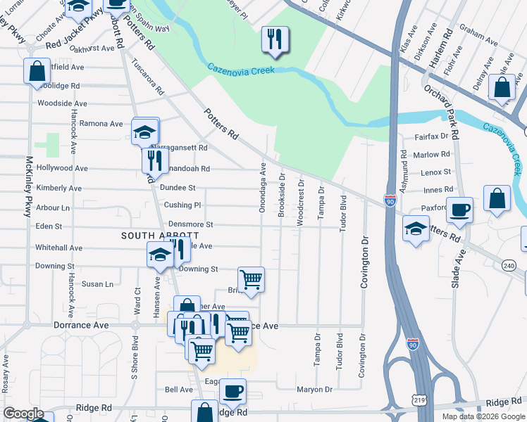 map of restaurants, bars, coffee shops, grocery stores, and more near 165 Cushing Place in Buffalo