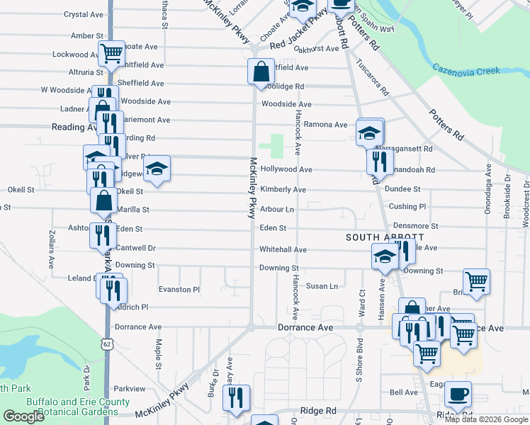 map of restaurants, bars, coffee shops, grocery stores, and more near 15 Arbour Lane in Buffalo