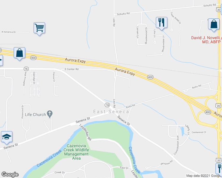 map of restaurants, bars, coffee shops, grocery stores, and more near 80 Lein Road in Buffalo